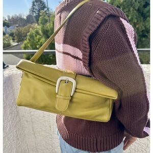 ILI Genuine Leather Shoulder Bag Buckle Flap East West Chartreuse Green Y2K VTG